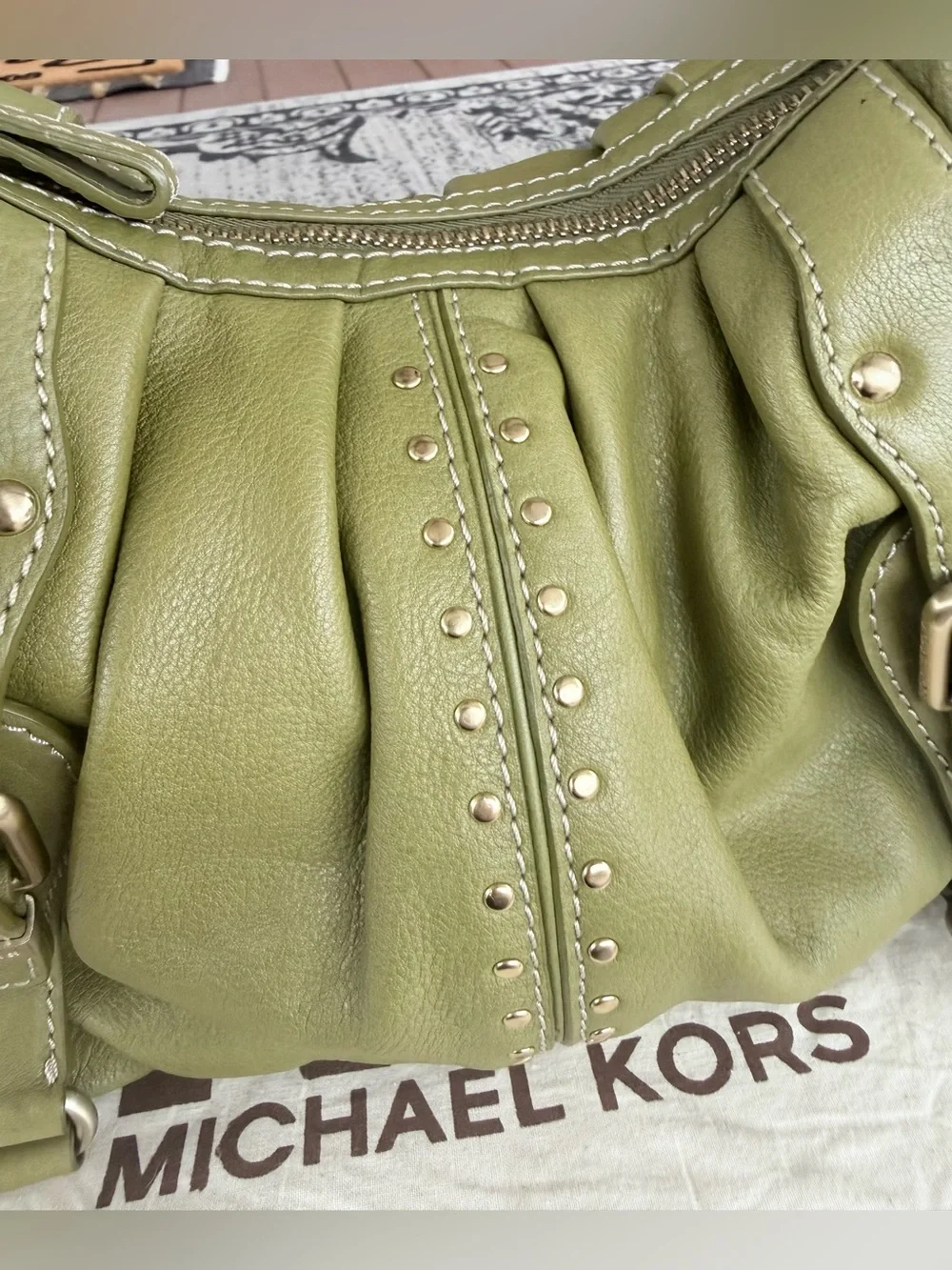 Michael Kors Olive Green Leather Studded Hobo Shoulder Bag
